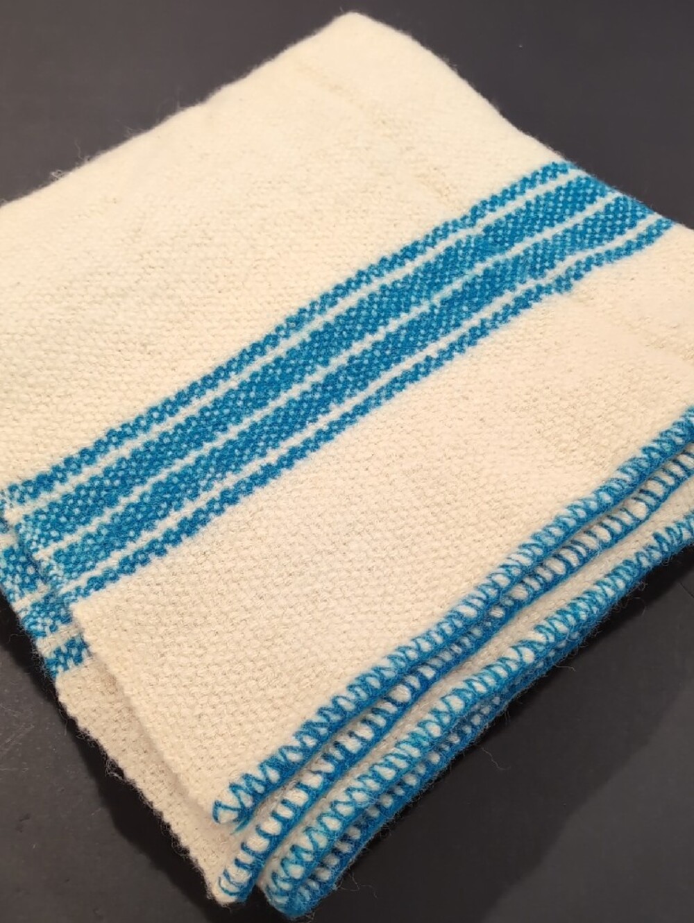Vintage Handwoven Homespun Cream Wool Blanket Teal Stripes 55"X74"